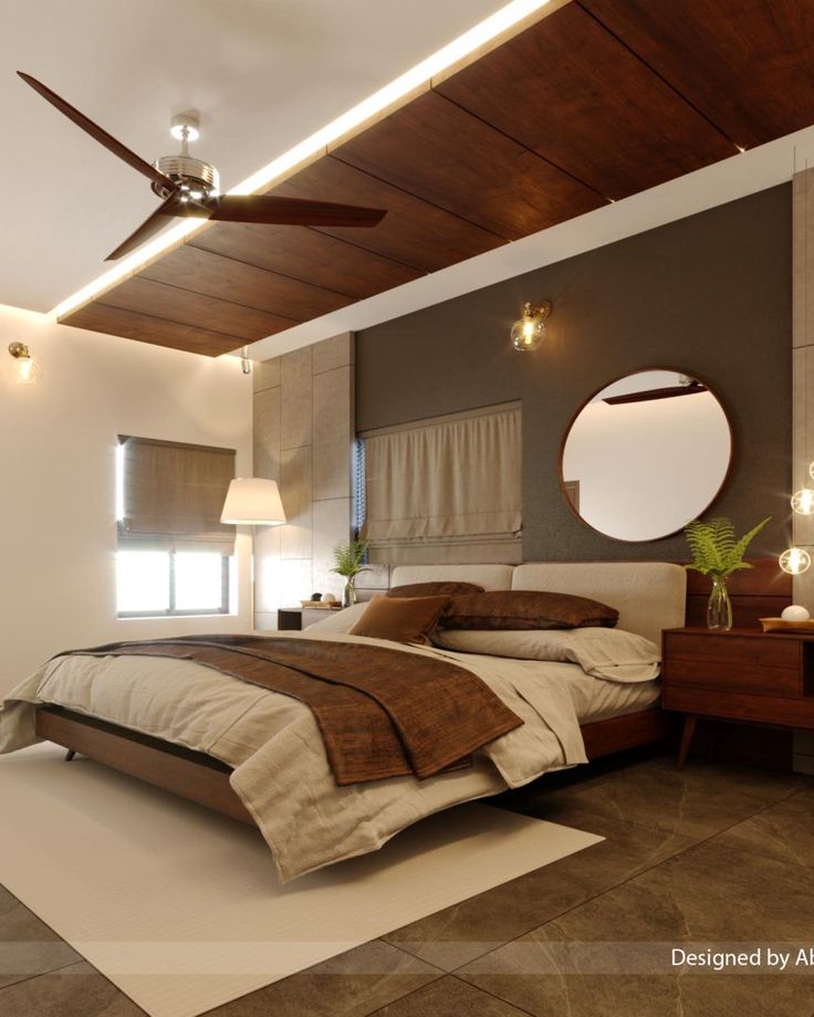 a bed room with a neatly made bed and a ceiling fan