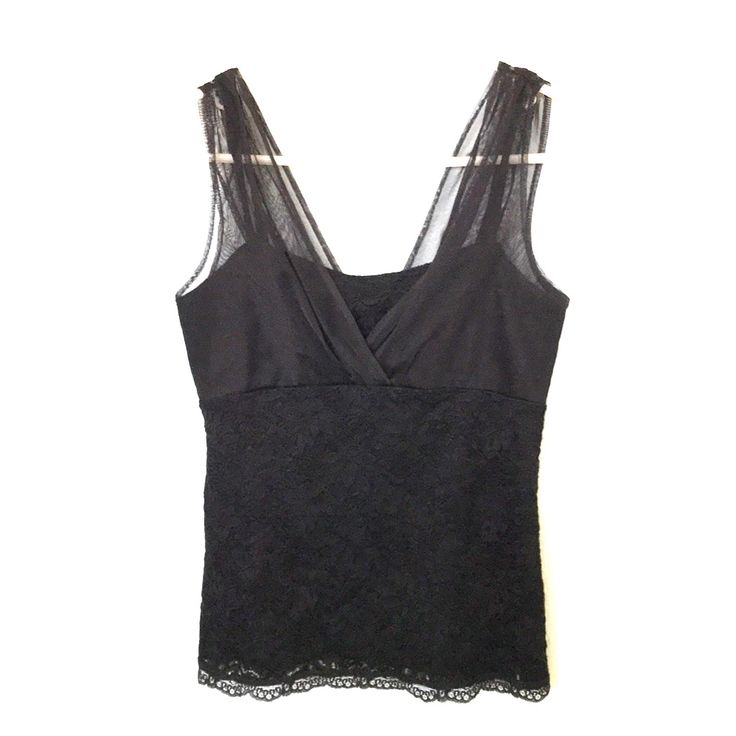 Be Desk-To-Dinner Ready In This Beauty. Classy And Sexy All At The Same Time! Has A Lace Pattern Spaghetti Tank With Tulle Accent On The Bust/Shoulder Area. Nwt And Never Worn! Lace V-neck Tank Top For Party, Fitted V-neck Lace Top For Party, Elegant Black Lace Top With Built-in Bra, Evening Lace V-neck Camisole, Sheer Fitted Tank Top For Evening, Black Sheer Tank Top For Evening, Elegant Lace Top With Built-in Bra For Night Out, Elegant Stretch Tank Top For Evening, Elegant Stretch Lace Top Camisole