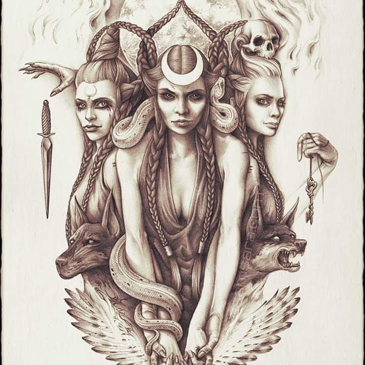 a drawing of three women sitting on top of each other with two snakes around them