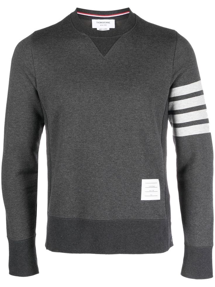 grey cotton logo patch to the side side stripe detailing crew neck ribbed band collar long sleeves short side slits side clasp fastening ribbed cuffs and hem Sporty Crew Sweater With Logo Detail, Sporty Cotton Sweater With Logo Detail, Classic Cotton Sweatshirt With Logo, Sporty Crew Neck Sweater With Logo Detail, Gray Crew Neck Top With Logo Detail, Gray Crew Neck Sweatshirt With Logo, Gray Crew Sweats With Ribbed Cuffs, Classic Fall Sweatshirt With Logo Detail, Sporty Gray Sweater With Ribbed Cuffs