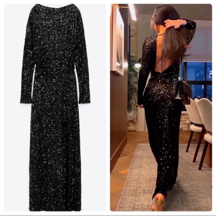 New With Tag Seller: @Chloethy Brand Zara Retail $169 Long Sleeve Midi Dress For Gala And Holiday, Holiday Long Sleeve Midi Dress For Gala, Chic Sequin Floor-length Dress For Night Out, Chic Maxi Dress For Night Out At Gala, Chic Floor-length Sequin Dress For Night Out, Elegant Black Floor-length Sequin Dress, Black Sequin Maxi Dress For Party Season, Glamorous Black Holiday Maxi Dress, Black Sequin Maxi Length Evening Dress