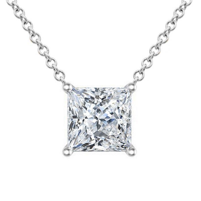 Moissanite Floating Princess Cut Solitaire Pendant Necklace Luxury Diamond Necklace With Square Brilliant Cut Pendant, Luxury Square Pendant Diamond Necklace With Brilliant Cut, Luxury Diamond Cut Square Pendant Necklace, Square Diamond Necklace, Solitaire Pendant Necklace, White Gold Chains, Circle Diamond, Solitaire Necklaces, Square Diamond