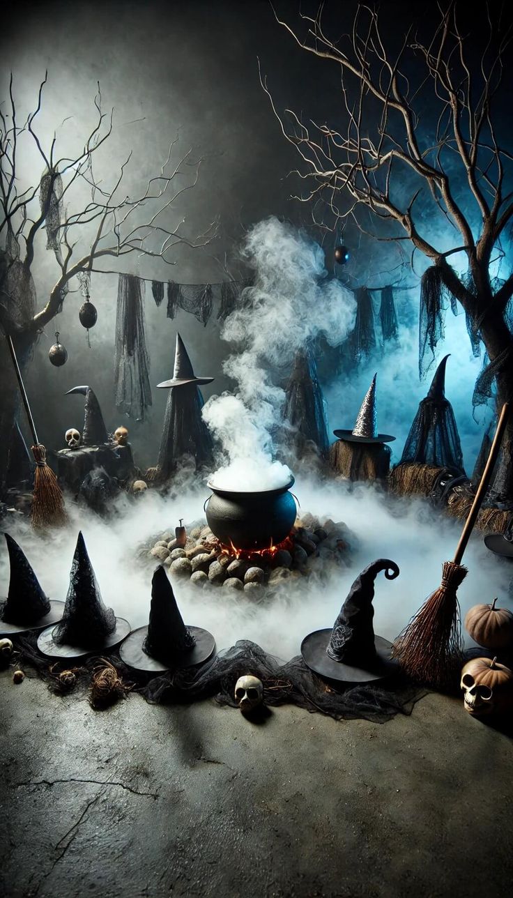 a group of witches sitting on top of a floor next to a pot filled with liquid