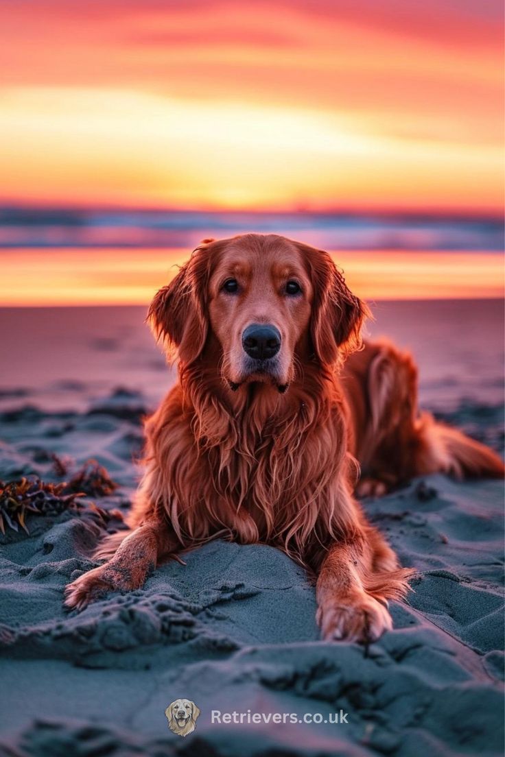 a brown dog laying on top of a sandy beach under a colorful sky at sunset