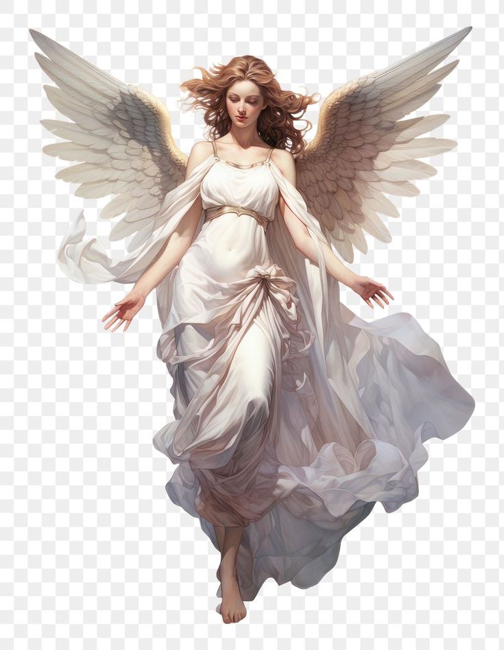 an angel with white wings flying in the air