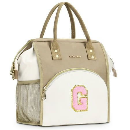 a handbag with the letter g on it's front and side zippers