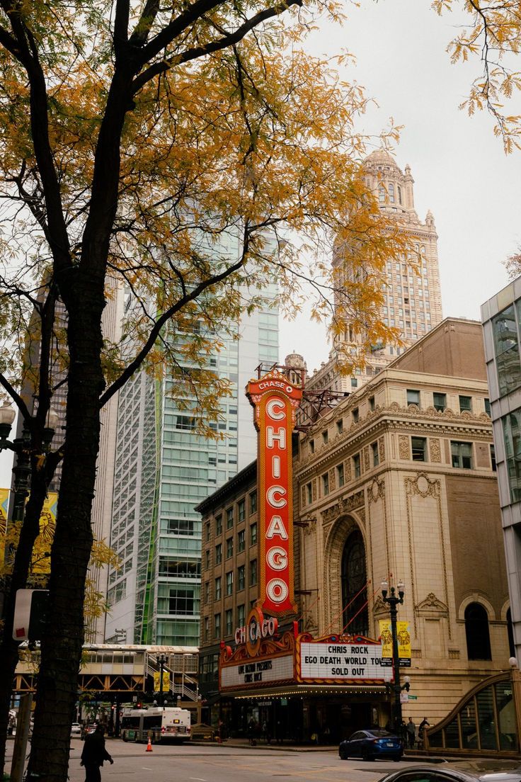 the chicago theater marquee is on display in front of tall buildings and trees