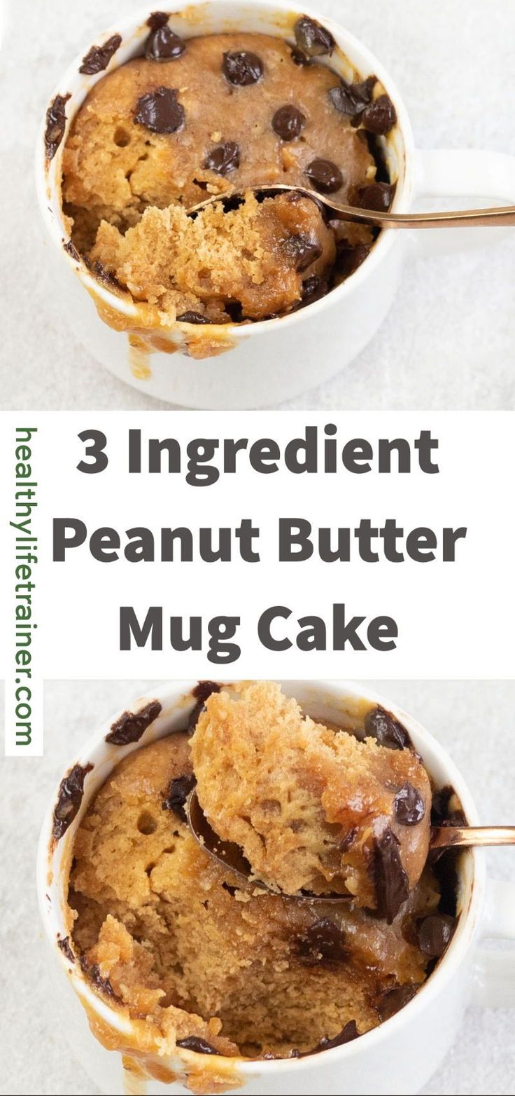 3 ingredient peanut butter mug cake in a white bowl with spoons and chocolate chips