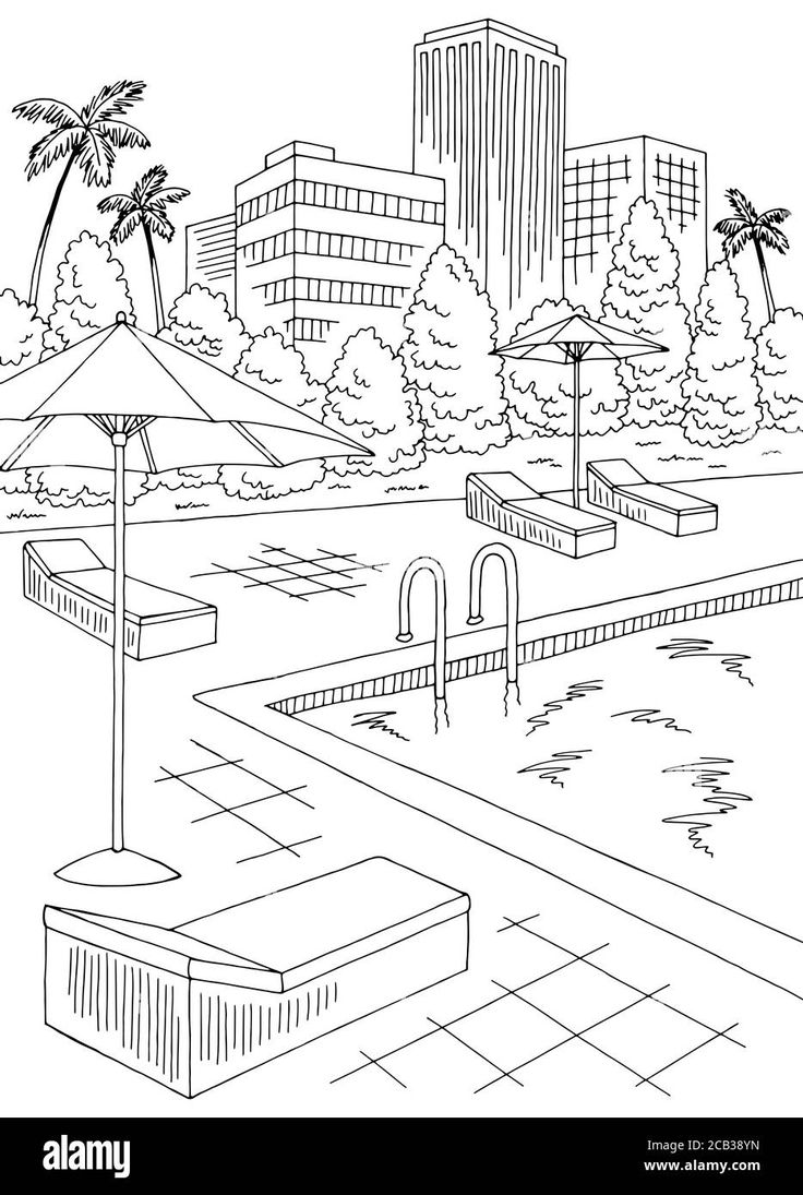 a black and white drawing of a city park with palm trees, benches and umbrellas