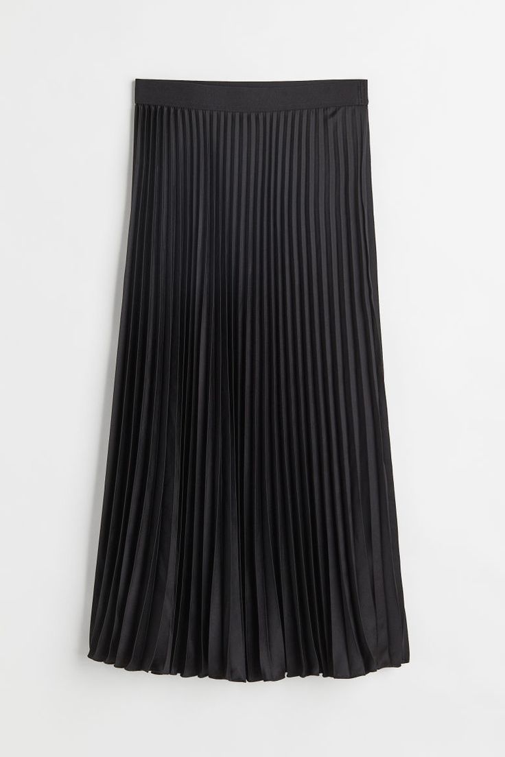 Calf-length  pleated skirt in woven fabric with a slight sheen. High waist  elasticized waistband  and overlocked hem. Unlined. Solid Chic Pleated Skirt, Chic Pleated Skirt With Folds, Chic Long Stretch Pleated Skirt, Chic Flowy Maxi Skirt With Folds, Chic Maxi Skirt With Folds, Chic Stretch Long Pleated Skirt, Stretch Pleated Midi Skirt, Flowy Midi Pleated Skirt With Elastic Waistband, Flowy Workwear Skirt With Folds