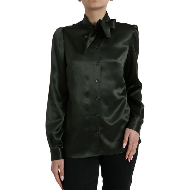 Indulge In The Epitome Of Sophistication With This Elegant Ascot Collar Blouse Top From The Esteemed House Of Dolce Gabbana. This Gorgeous Piece Is Brand New With Tags And Is Meticulously Crafted From The Finest 100% Silk, Ensuring A Luxurious Feel Against The Skin. Featuring A Sleek Black Hue That Offers Versatile Styling, It’s Perfect For Both Daytime Charm And Evening Elegance. The Blouse Delights With Its Long Sleeves And An Exquisite Button Closure That Adds A Touch Of Classic Refinement, A Luxury Satin Tops, Luxury Silk Top For Evening, Luxury Silk Evening Top, Elegant Green Tops For Party, Black Silk Tops For Wedding, Luxury Evening Blouse, Luxury Satin Tops For Formal Occasions, Elegant Green Blouse For Party, Designer Silk Top For Formal Occasions