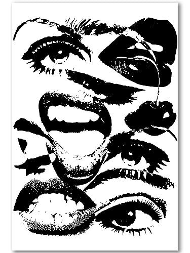 a black and white drawing of an open mouth with eyes, lips and lashes on it