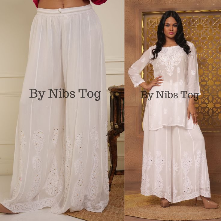 Nibs Tog Viscose Georgette Palazzo with Mukaish Embellishment (Dyeble) A designer Palazzo pants for any Ethnic Kurta or Boho Look. Beautifully hand Embroidered Chikankari with mukaish embellishments to enhance the look. The Palazzo is Dyeble to any colour. Shop More Chikankari outfits by Nibs Tog on our Shop : https://www.etsy.com/in-en/shop/NibsTog Fabric: Its Pure Viscose Georgette Fabric with Cotton Linning Attached underneath. Mukaish has been embellished at the bottom of Palazzo. Style: The Chikankari Palazzo is designed in Straight wide leg Style with Slight flair at the bottom of Palazzo. The Palazzo is embroidered with Chikankari motifs and embellished with mukaish (Golden Circles) Occasion: Lucknowi Chikankari Palazzo pants can be styles with any Ethnic Kurta for Party or casual w Traditional Straight Pants Sharara For Festive Occasions, Festive Sharara With Resham Embroidery, Embroidered Straight Palazzo Set For Festive Occasions, Anarkali Salwar Kameez With Straight Pants, Bollywood Style Embroidered Kurta With Straight Pants, Diwali Straight Palazzo Set With Dabka Work, Embroidered Festive Straight Palazzo Set, Festive Embroidered Straight Palazzo Set, Festive Embroidered Straight Pant Set