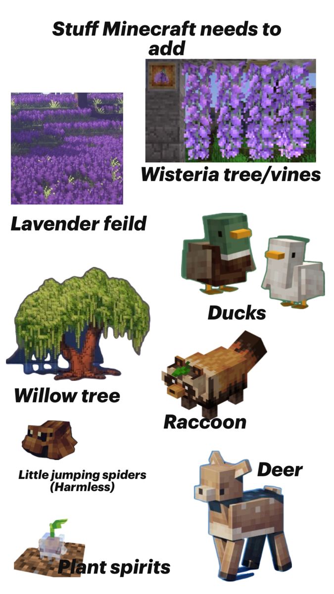 an image of different types of animals and plants in minecraft with text overlay