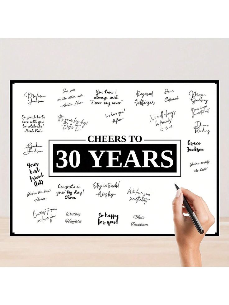 a hand writing on a whiteboard with the words cheers to 30 years written in black