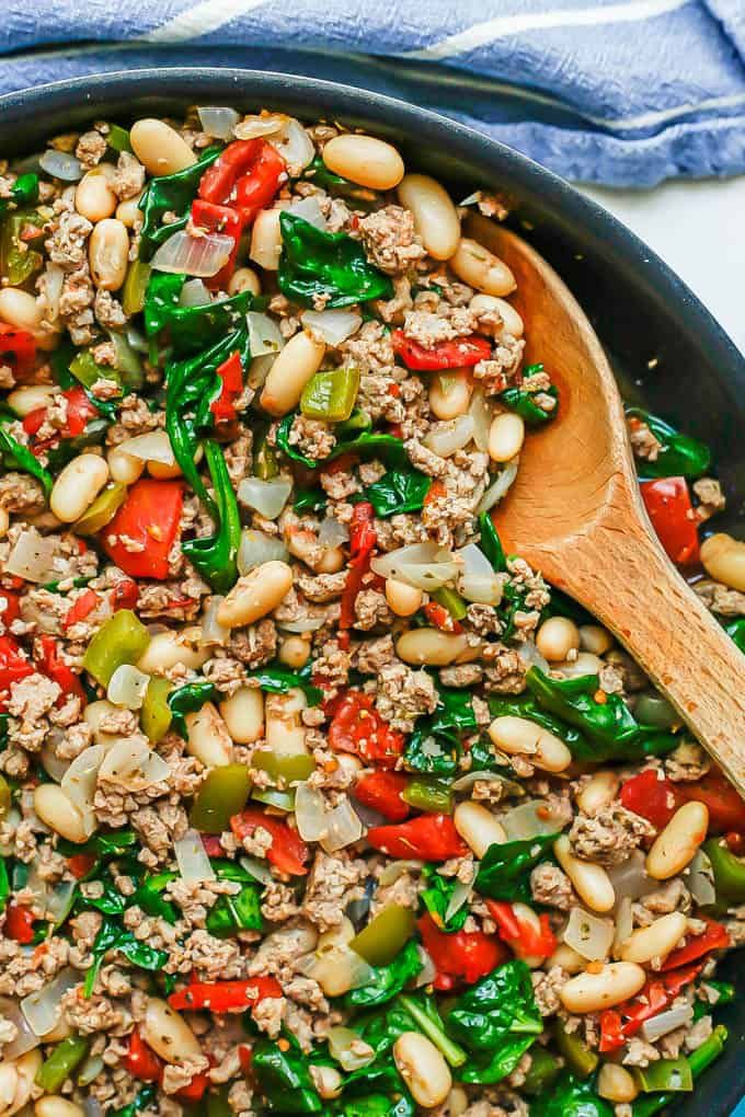 a skillet filled with ground turkey and vegetables