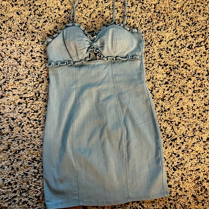 Never Worn. No Tag Chic Fitted Light Blue Sundress, Fitted Light Blue Sleeveless Sundress, Light Blue Lined Mini Dress, Blue Fitted Sundress For Day Out, Fitted Blue Sundress For Day Out, Lined Light Blue Mini Dress, Blue Sleeveless Denim Dress With Ruffles, Sleeveless Blue Denim Dress With Ruffles, Spring Bodycon Mini Dress Lined