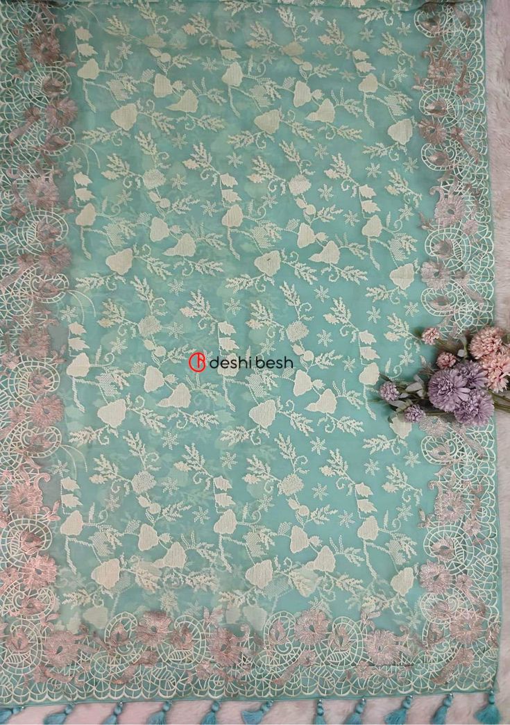 This exclusive boutique designer hand made Muslin saree is a perfect and unique choice for your occasional and party wear. All Over Delicate Neat Thread Embroidery, and Tassels Work. Fall & Pico Available. Matching Running Blouse Piece. Color: There might be slight color variation due to lightings and flashes while photo shooting. The color may also vary because of different screen resolutions. Wash Care: Dry Clean Only. Note: This is a hand made boutique saree and could take 1 to 2 weeks longer Blue Unstitched Suit With Chikankari Embroidery For Reception, Blue Chikankari Embroidery Unstitched Suit For Reception, Art Silk Unstitched Suit With Chikankari Embroidery For Reception, Diwali Reception Unstitched Suit With Cutdana, Pista Green Art Silk Dupatta For Reception, Green Chikankari Embroidery Dupatta For Reception, Pista Green Dupatta For Diwali Reception, Pista Green Blouse Piece With Floral Embroidery, Pista Green Dupatta For Reception And Diwali