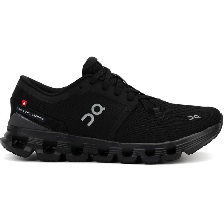 the on cloud running shoe is black and has white lettering that reads on top of it