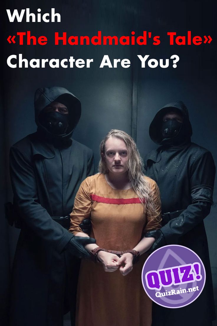 a woman standing in front of two men wearing gas masks and holding hands together with the caption which says which the handmade's tale character are you?