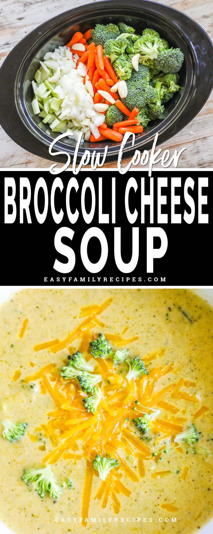 broccoli cheese soup in a black bowl with carrots and celery