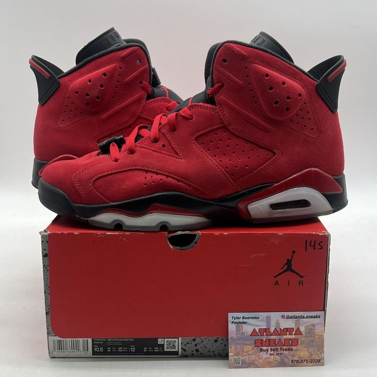 Elevate your sneaker game with these stylish Air Jordan 6 Retro Toro Bravo sneakers. Featuring a sleek black and red colorway, these shoes are made with premium suede material for a comfortable and durable fit. The size 10.5 shoes are designed for men who want to make a statement with their footwear. The Air Jordan 6 Retro Toro Bravo sneakers are perfect for athletic activities or casual wear. The shoes are part of the Air Jordan product line and come with a style code of CT8529-600. These shoes are a must-have for any sneaker enthusiast who wants to add a touch of style to their wardrobe. Air Jordan 6 Retro, Jordan 6 Retro, Air Jordan 6, Sneaker Games, Jordan 6, Suede Material, Red Suede, Air Jordan, Black Red