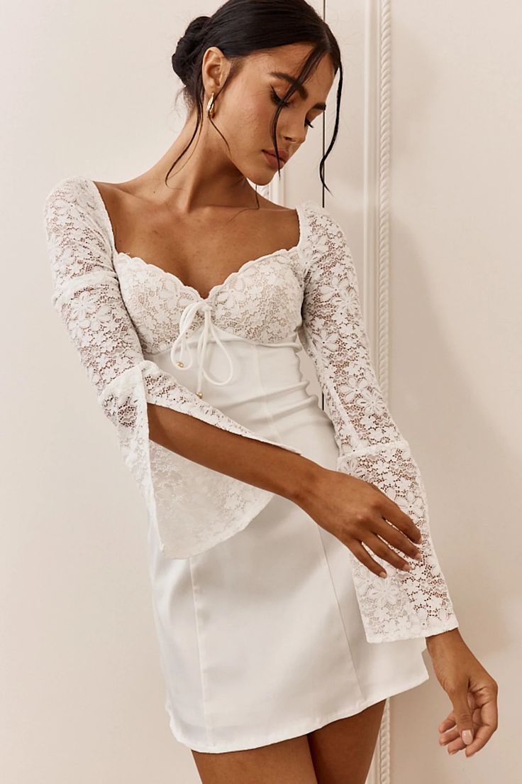 Shop the Ti Amo Lace Bust Long Sleeve Mini Dress White | Selfie Leslie Courthouse Marriage, Wedding Fits, Perspex Heels, Selfie Leslie, Mini Dress White, Graduation Dresses, Marriage Certificate, 2024 Wedding, Winter Wedding Dress