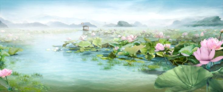 water lilies are blooming in a pond with mountains in the background and foggy sky