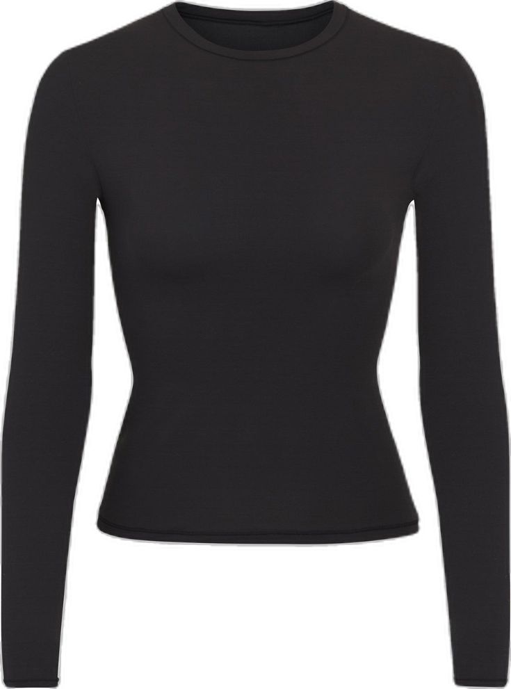 Stretch Long Sleeve T-shirt With Thumbholes, Second-skin Crew Neck Tops With Thumbholes, Solid Color Soft Stretch Long Sleeve Tops, Solid Long Sleeve Tops With Soft Stretch, Stretch Elastane Long Sleeve T-shirt, Black Second-skin Tops For Winter, Stretch Crew Neck Long Sleeve Top, Stretch Elastane Crew Neck Long Sleeve Top, Stretch Elastane Long Sleeve Crew Neck Top