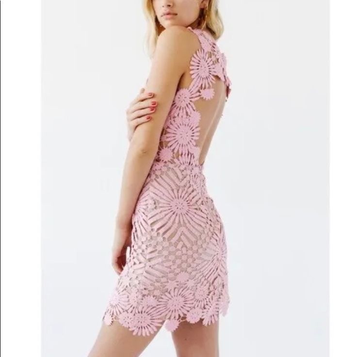 Crochet Lace Dress From Free People X Saylor. Rose Pink, Size M. Has A Super Cute High Neck And Pretty Open Back! Summer Vibe, Perfect For Weddings. I'm 5'6" And It Hits Mid Thigh For Me! Spring Crochet Mini Dress With Lace Trim, Spring Crochet Dress With Lace Trim, Spring Mini Crochet Dress For Brunch, Mini Crochet Lace Dress For Spring, Spring Crochet Lace Mini Dress, Spring Mini Crochet Lace Dress, Fitted Hollow Out Crochet Dress, Feminine Crochet Lace Summer Dress, Fitted Mini Length Crochet Lace Dress