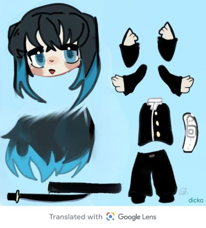 an animated drawing of a woman with blue hair and black clothes, holding a knife