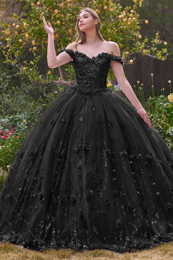 It features an off-shoulder sweetheart neckline, cap sleeve and a mid-open back with an adjustable lace-up tie closure. The gathered skirt flares a voluminous ballgown silhouette streaming to the full length hem and exits in a remarkable sweeping train. Special Ocassion Dresses, Floral Ball Gown, Off Shoulder Ball Gown, Elegant Ball Gowns, Cinderella Divine, Princess Inspired, Quinceanera Dress, Dress Guide, Black Wedding Dresses