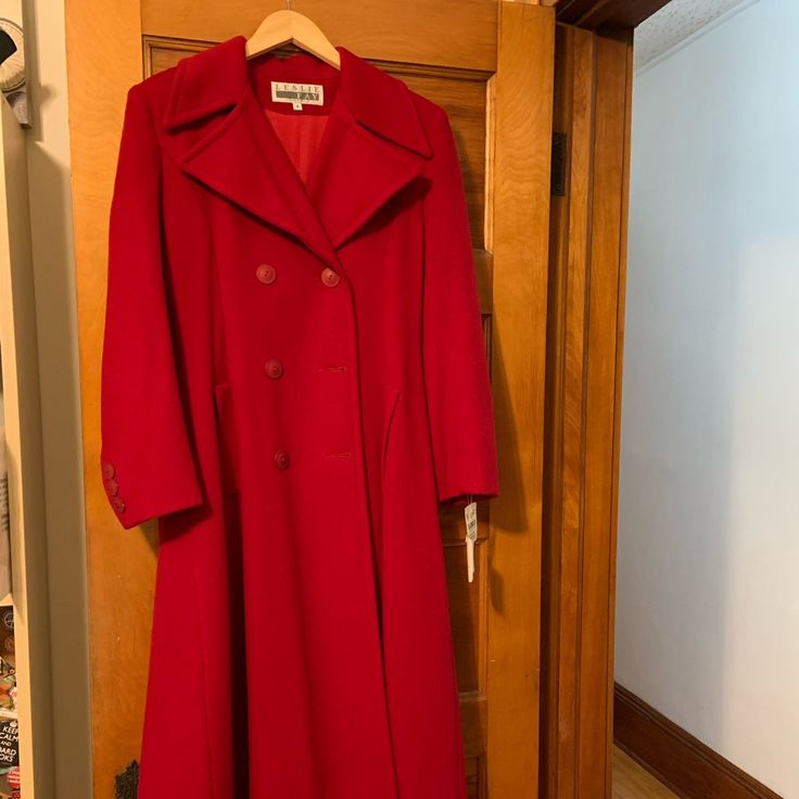 Beautiful Double Breasted Wool Coat. Red Long Outerwear For Work, Long Red Outerwear For Work, Long Red Outerwear With Buttons, Red Long Outerwear With Buttons, Chic Long Red Outerwear, Chic Red Long Outerwear, Elegant Red Pea Coat For Formal Occasions, Classic Red Double-breasted Pea Coat, Elegant Red Outerwear For Fall