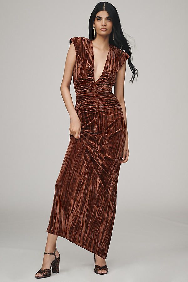 Cut from crinkle velvet, Haley stands statuesque. With its daring V-neckline and gathered detailing, the maxi dress enhances every curve with poise. | Hayley V-Neck Column Velvet Maxi Dress by Ronny Kobo in Brown, Women's, Size: Largearge, Polyester/Elastane at Anthropologie Different Bridesmaid Dresses, Maid Of Honour Dresses, Affordable Bridesmaid Dresses, Velvet Maxi Dress, Velvet Maxi, Ronny Kobo, Bridesmaid Dress Colors, Rust Dress, Women Wedding Guest Dresses