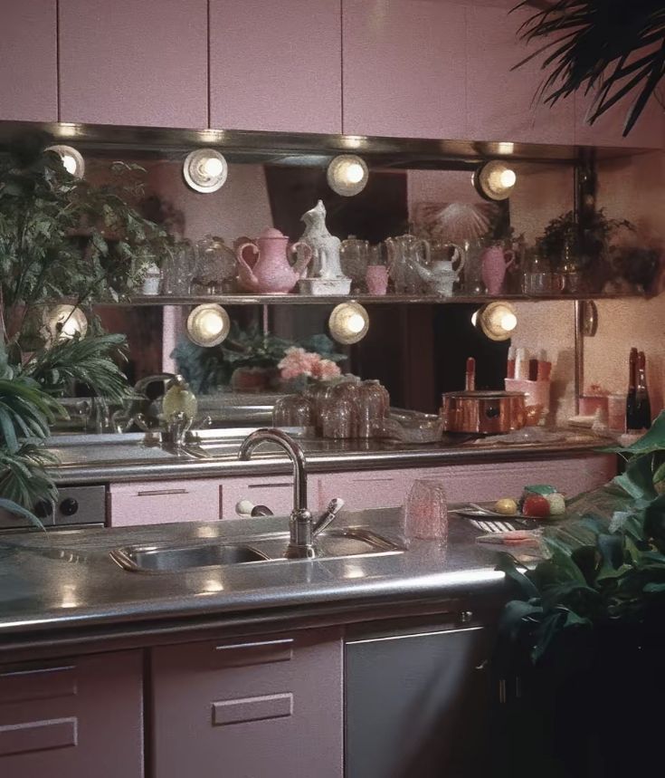 a bathroom sink sitting under a mirror next to a potted plant and other items