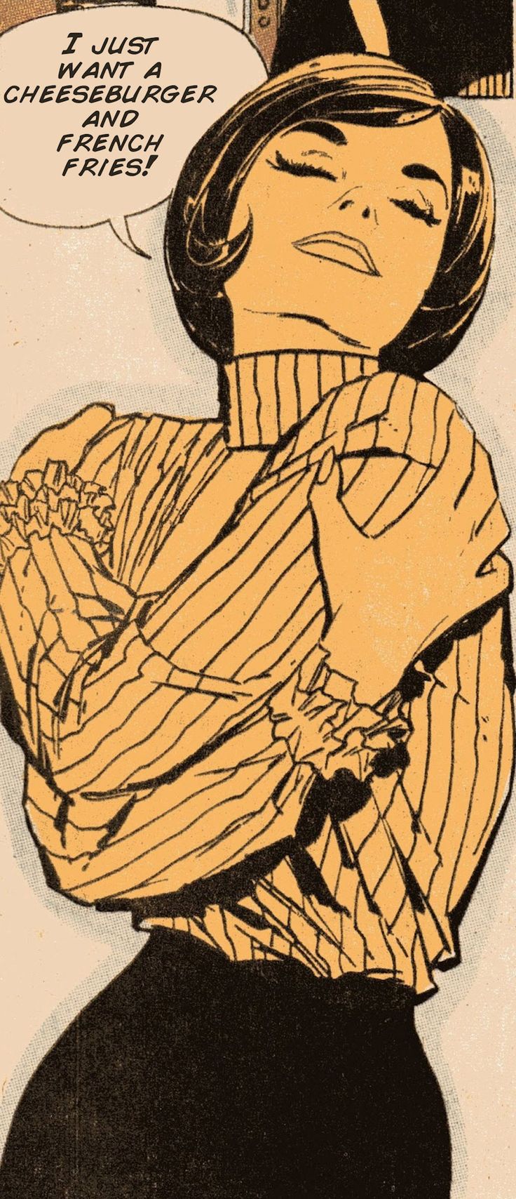 an old cartoon drawing of a woman with her arms crossed, wearing a hat and striped shirt