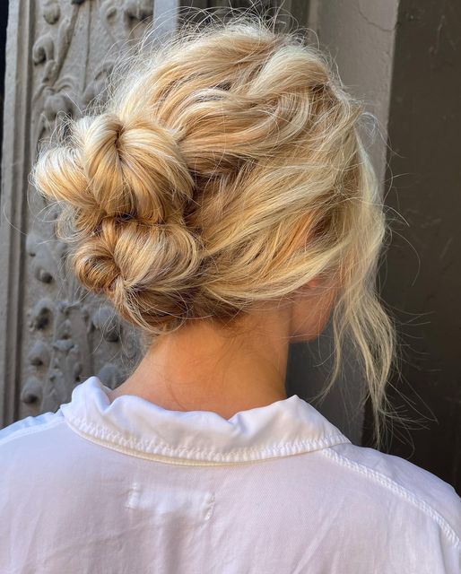 White Rose on Instagram: "Double bun✨ a modern approach to a classic updo with texture #wrcbabes #teddicranfordhair" Loose Curly Updo, Pin Straight Hair, Knot Ponytail, Curled Updo, Curl Enhancer, Double Buns, Loose Updo, Wedding Hairstyles Medium Length, Classic Updo