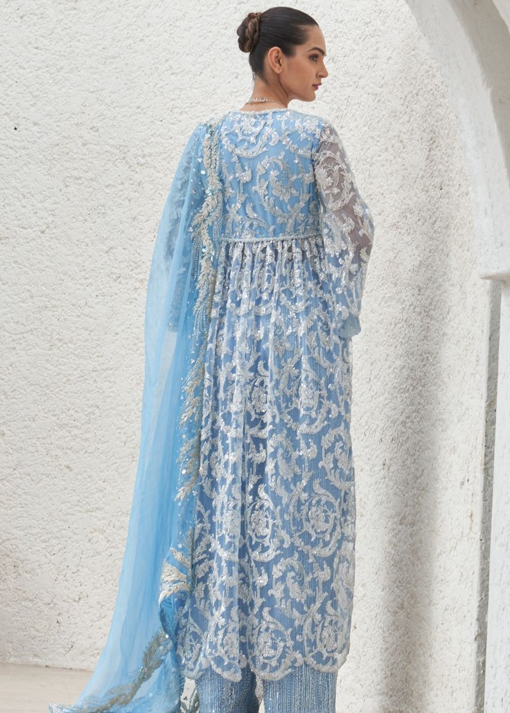 Embroidered suit set with embroidered dupatta. Festive Maxi Length Sets With Intricate Embroidery, Unstitched Maxi Length Salwar Kameez With Intricate Embroidery, Blue Organza Anarkali Set With Intricate Embroidery, Anarkali Embroidered Maxi Dress With Dupatta, Anarkali Embroidered Dress With Dupatta For Reception, Bollywood Style Intricate Embroidery Maxi Sets, Bollywood Style Maxi Sets With Intricate Embroidery, Blue Embroidered Saree Dress, Elegant Embroidered Saree Dress With Dupatta