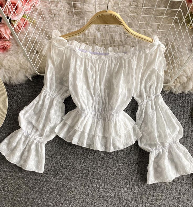 Cute lace tops white long sleeve topsFabric: laceColor: whiteSize: free sizelength 41 bust 98 waist 58-88 Cute Lace Tops, White Lace Shirt Long Sleeve, Aot Shifting, White Long Sleeve Tops, Mushroom Outfit, Long Sleeve Corset Top, Cute White Tops, White Lace Shirt, Romantic Fashion