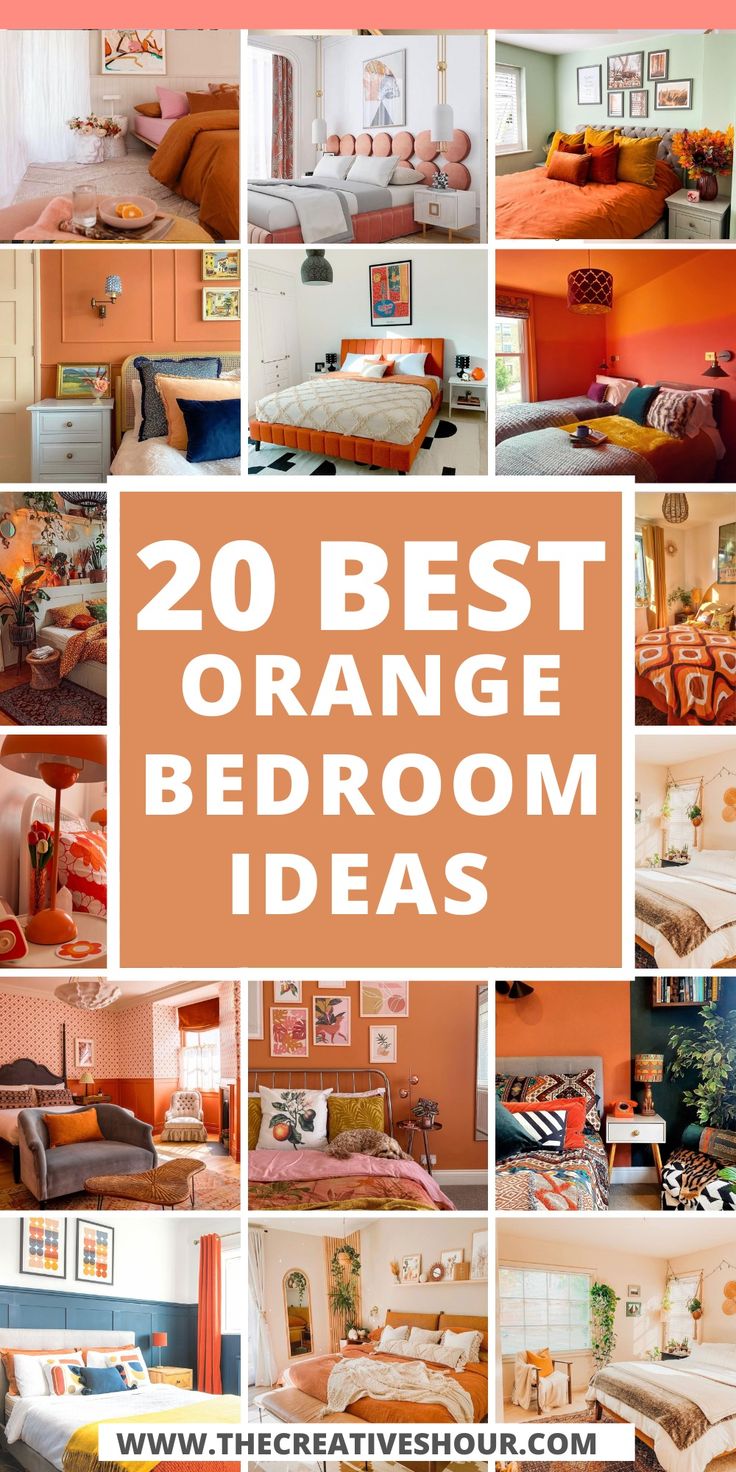 20 Vibrant And Cozy Orange Bedroom Ideas You Should See Bedrooms With Orange Accents, Orange And Gray Bedroom Ideas, Sage Orange Bedroom, Coral Master Bedrooms Decor, Orange Maximalist Bedroom, Yellow And Orange Bedroom Ideas, Beige And Orange Bedroom, Orange Painted Bedroom, Warm Bedroom Wall Colors