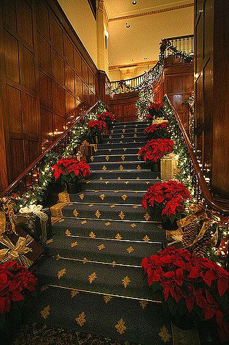 christmas decorations and poinsettis are on the stairs