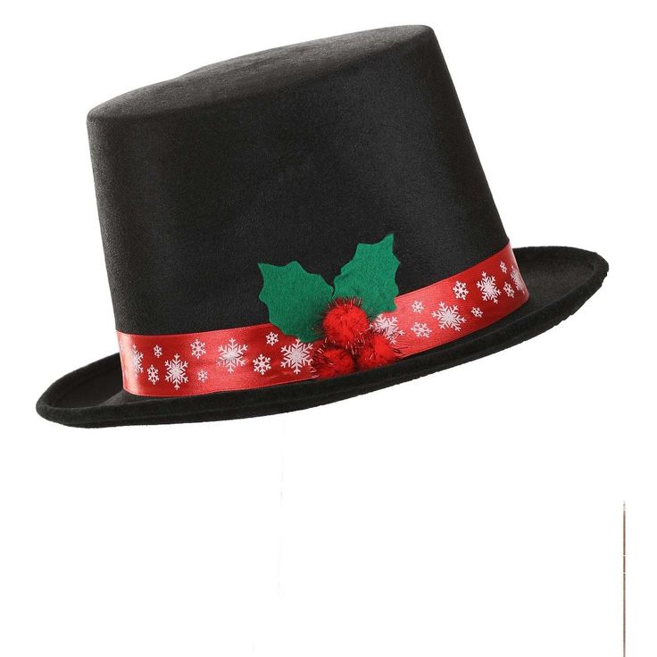 Show off your snowman stuff this holiday with this Snow Man Holiday Costume Top Hat! Perfect for the holiday season, this top hat is made of molded polyester felt and features a satin ribbon band with printed snowflakes. The hat has a fabric, 3D holly cluster on the side which adds a stylish touch so you can be the most dapper-looking snowman around. Great for partys, work, plays and performances, caroling, or any time during the holidays! Adjustable Christmas Costume Party Accessories, Red Christmas Costume Hat And Headpiece, Red Christmas Costume Hat, Winter Costume Party Hat With Short Brim, Adjustable Christmas Costume Hats, Winter Hats For Costume Party With Short Brim, Red Costume Accessories For Winter Party, Red Winter Party Costume Accessories, Brimmed Top Hat For Winter Costume Party