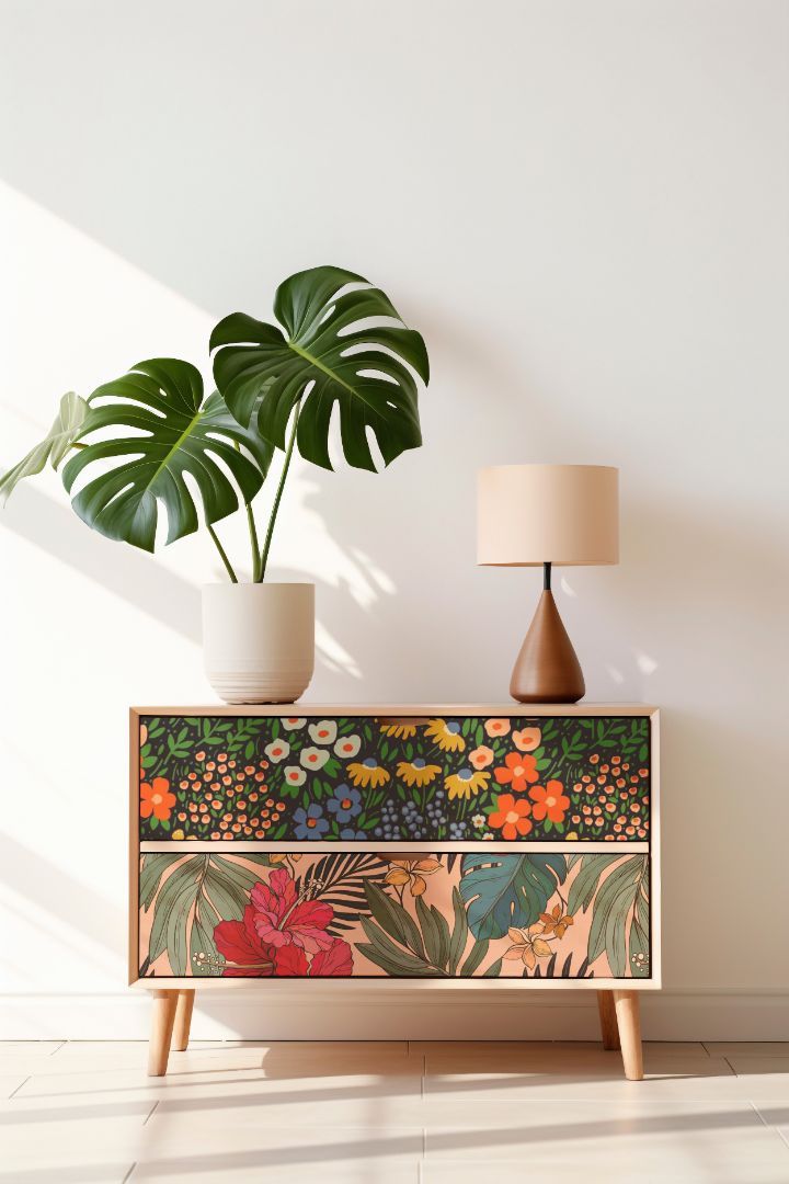 a potted plant sitting on top of a wooden dresser next to a white wall