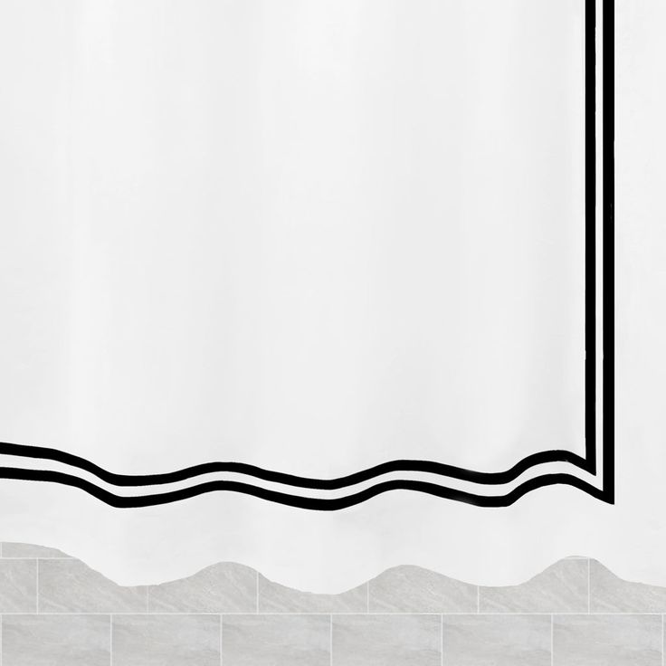 a white shower curtain with black lines on the bottom and sides, in front of a tiled wall