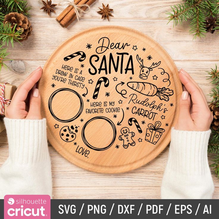 someone is holding up a wooden plate with the words dear santa and other christmas related items