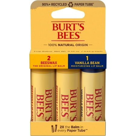 Burts Bees Beeswax and Vanilla Bean Moisturizing Lip Balms come in a paper tube that gives you 2x the balm compared to the regular Burts Bees 0.15 oz plastic tubes. This lip balm pack instantly softens and hydrates your lips to help prevent dryness, cracking or chapping with a lovely taste. Infused with power-packed Beeswax and antioxidant Vitamin E to richly moisturize and soften lips, these lip balms nourish dry lips to keep them happy, juicy and healthy. A matte finish keeps your lips their n Vanilla Bean Chapstick, Burts Bees Lip Balm, Natural Skincare Brands, Beeswax Lip Balm, Soften Lips, Flavored Lip Balm, Moisturizing Lip Balm, Adhesive Paper, Lip Balms