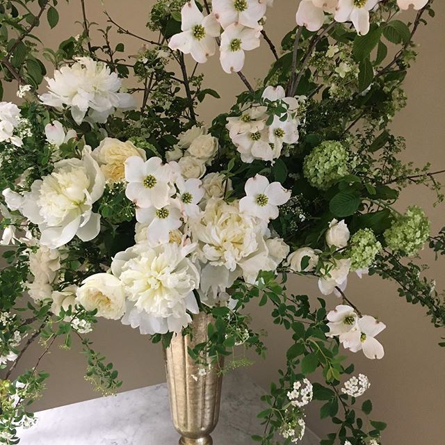 a vase filled with white flowers sitting on top of a marble table next to a wall