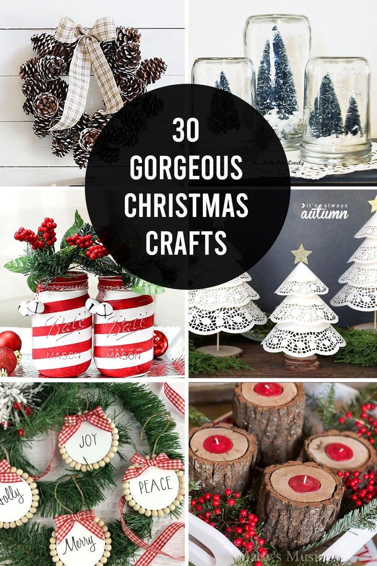 christmas crafts and decorations with the words 30 gorgeous christmas crafts written on them in red, white and green