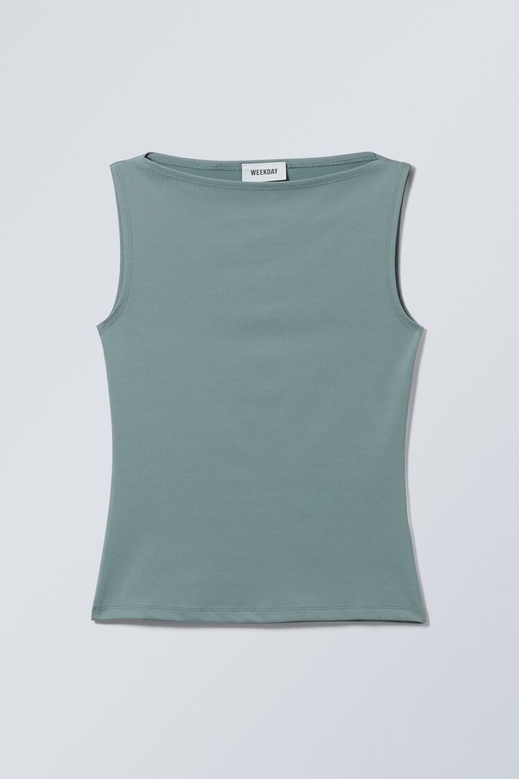 annie boatneck sleeveless top - Dusty Turquoise Boat Neck Blouse Design, Swedish Street Style, Boat Neck Blouse, Warm Weather Outfits, Boat Neck Tops, Work Tops, Green Tops, Basic Outfits, Basic Tops