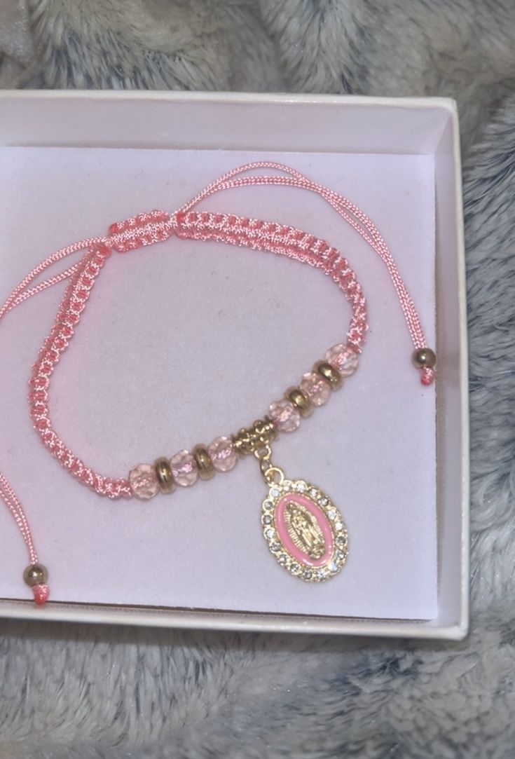 Beautiful Hand Woven Pink Crystal Virgin Mary Bracelet Adjustable Handmade Pink Rosary Bracelet, Adjustable Handmade Rosary Bracelet, Mary Altar, Latina Fits, Virgin Mary Bracelet, Latina Jewelry, Girly Bracelets, Pandora Bracelet Designs, Rapper Jewelry